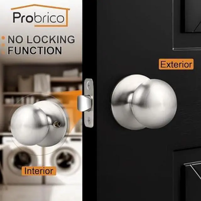 Alt view image 3 of 6 - Probrico Door Knobs Interior, Passage Brushed Nickel Hall/Closet Door Knob,Stainless Steel Interior Non-Locking Door Knob, 1 Pack