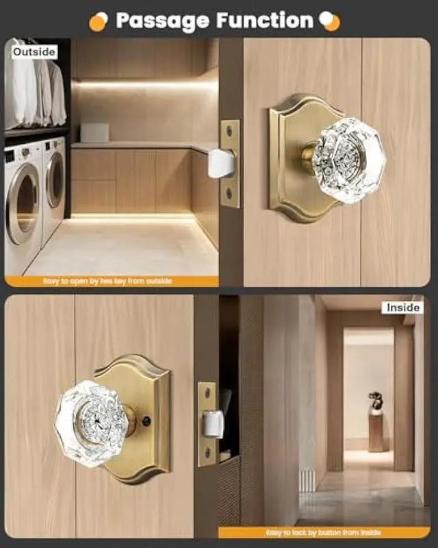 Alt view image 4 of 5 - Gobrico Octagonal Diamond Crystal Doorknob in Antique Brass for Hall/Closet,Passage Function for Interior Room,Keyless,1 Pack