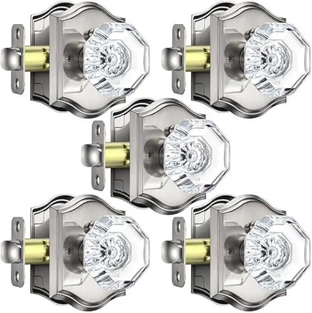 Main image of 5 Pack Crystal Door Knobs Interior with Lock, Modern Octagon Glass Door Knobs, Satin Nickel Crystal Doorknobs with Lock for Bedroom, Glass Bathroom Doorknob