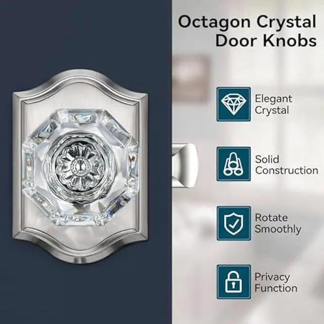 Alt view image 2 of 5 - 5 Pack Crystal Door Knobs Interior with Lock, Modern Octagon Glass Door Knobs, Satin Nickel Crystal Doorknobs with Lock for Bedroom, Glass Bathroom Doorknob