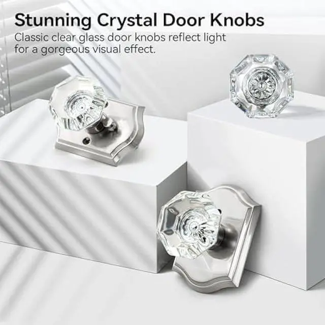 Alt view image 3 of 5 - 5 Pack Crystal Door Knobs Interior with Lock, Modern Octagon Glass Door Knobs, Satin Nickel Crystal Doorknobs with Lock for Bedroom, Glass Bathroom Doorknob