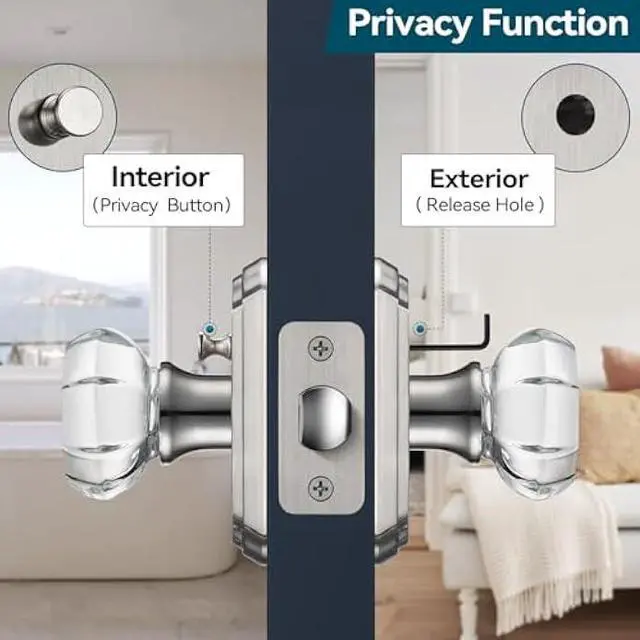 Alt view image 4 of 5 - 5 Pack Crystal Door Knobs Interior with Lock, Modern Octagon Glass Door Knobs, Satin Nickel Crystal Doorknobs with Lock for Bedroom, Glass Bathroom Doorknob