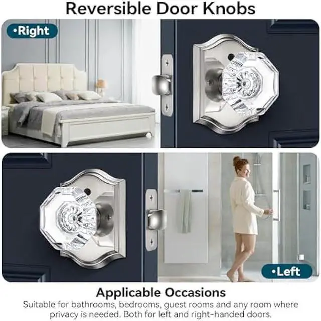 Alt view image 5 of 5 - 5 Pack Crystal Door Knobs Interior with Lock, Modern Octagon Glass Door Knobs, Satin Nickel Crystal Doorknobs with Lock for Bedroom, Glass Bathroom Doorknob