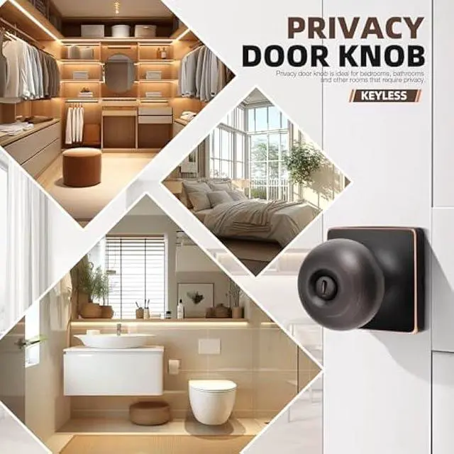 Alt view image 3 of 5 - GOBEKOR 6 Pack Oil Rubbed Bronze Door Knob Privacy Interior Round Privacy Door Knobs for Bed Bathroom Square Modern Door Knob with Lock