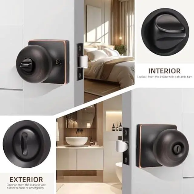 Alt view image 4 of 5 - GOBEKOR 6 Pack Oil Rubbed Bronze Door Knob Privacy Interior Round Privacy Door Knobs for Bed Bathroom Square Modern Door Knob with Lock