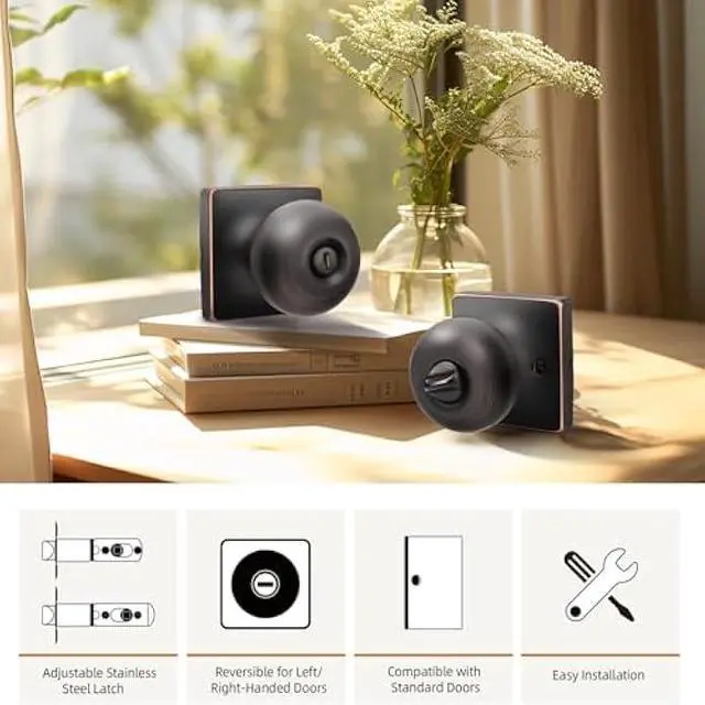 Alt view image 5 of 5 - GOBEKOR 6 Pack Oil Rubbed Bronze Door Knob Privacy Interior Round Privacy Door Knobs for Bed Bathroom Square Modern Door Knob with Lock