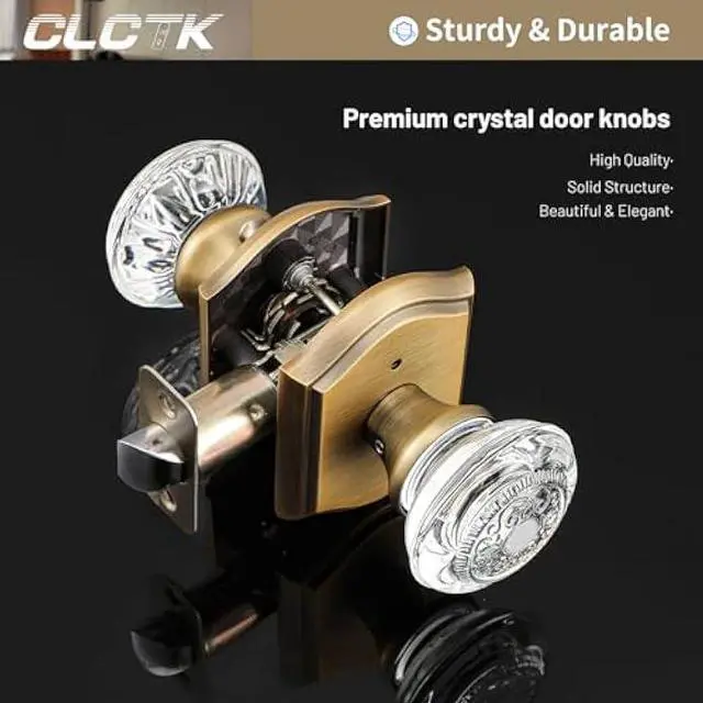 Alt view image 2 of 6 - Glass Door Knobs Interior with Lock, Vintage Crystal Privacy Antique Brass Door Knobs for Bedroom Bathroom, 1 Pack