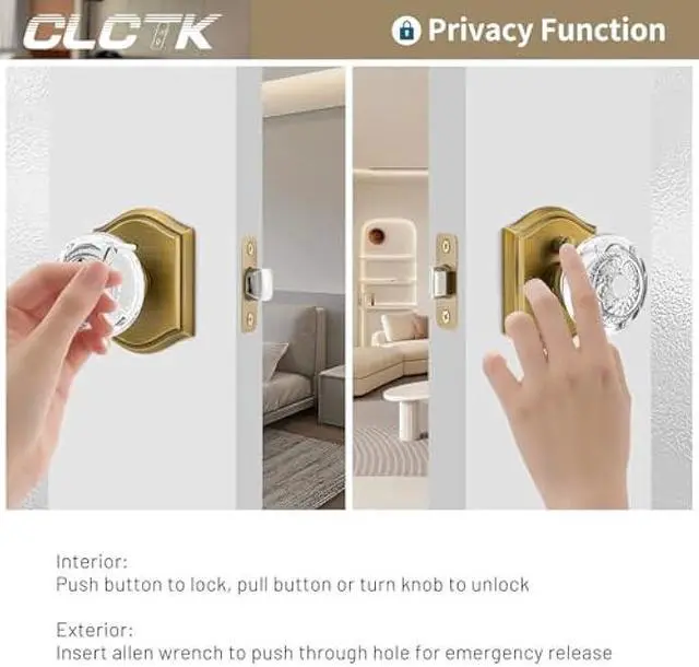 Alt view image 4 of 6 - Glass Door Knobs Interior with Lock, Vintage Crystal Privacy Antique Brass Door Knobs for Bedroom Bathroom, 1 Pack