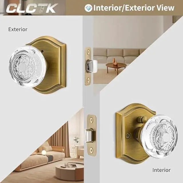 Alt view image 3 of 6 - Glass Door Knobs Interior with Lock, Vintage Crystal Privacy Antique Brass Door Knobs for Bedroom Bathroom, 1 Pack