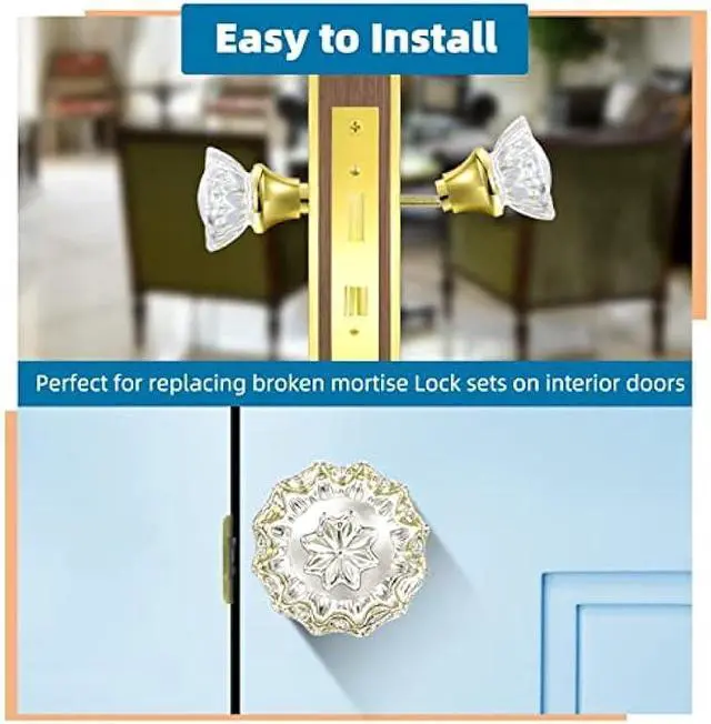Alt view image 3 of 6 - Glass Door Knobs Replacement Set, Vintage Crystal Door Knobs for Replacing Broken Old Antique Lock Sets on Interior Door, Polished Brass Finish