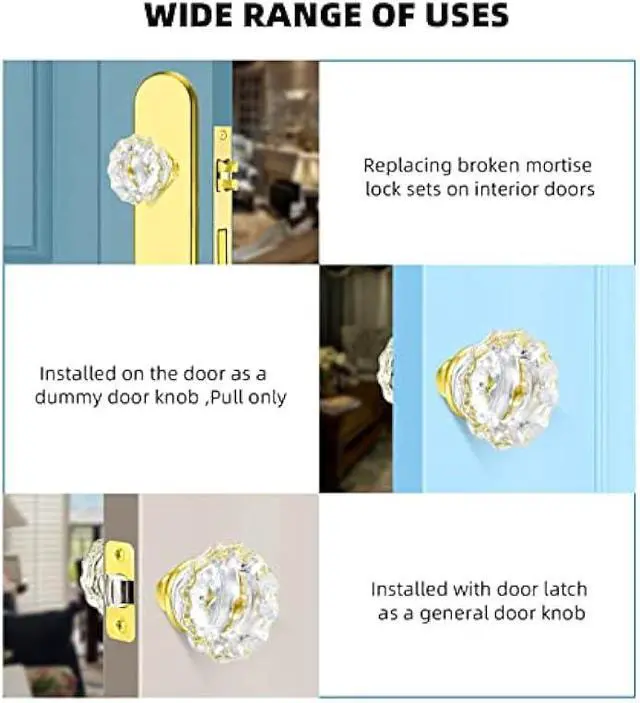 Alt view image 5 of 6 - Glass Door Knobs Replacement Set, Vintage Crystal Door Knobs for Replacing Broken Old Antique Lock Sets on Interior Door, Polished Brass Finish