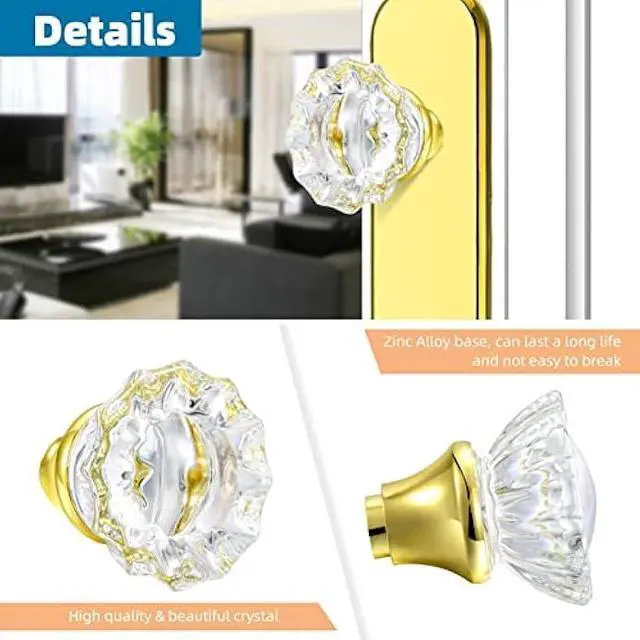 Alt view image 4 of 6 - Glass Door Knobs Replacement Set, Vintage Crystal Door Knobs for Replacing Broken Old Antique Lock Sets on Interior Door, Polished Brass Finish