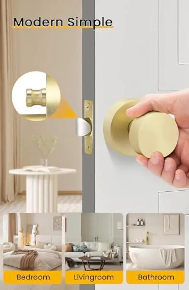 Alt view image 4 of 5 - goldenwarm Gold Door Knobs Interior, Heavy Duty Zinc-Alloy Privacy Brushed Gold Interior Door Knobs, Brushed Brass Indoor Doorknobs for Bedroom, Bathroom (1 Pack)