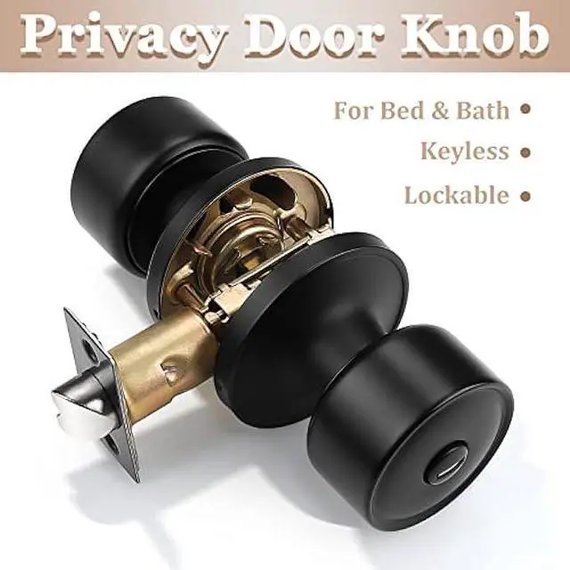 Alt view image 3 of 6 - knobelite 4 Pack Door Knobs Privacy Function Keyless Lock Black Interior Round Door Lock, Flat Door Knob with Lock for Bedroom/Bathroom