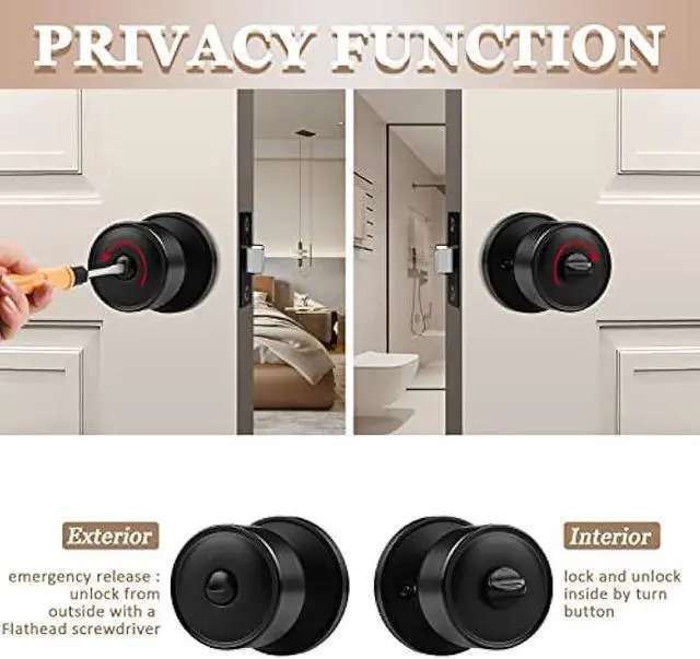 Alt view image 5 of 6 - knobelite 4 Pack Door Knobs Privacy Function Keyless Lock Black Interior Round Door Lock, Flat Door Knob with Lock for Bedroom/Bathroom