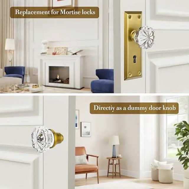 Alt view image 3 of 5 - Toptoo 2 Sets Glass Door Knobs - Old Style, Vintage Crystal, Antique Brass Finish