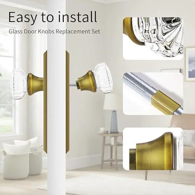 Alt view image 4 of 5 - Toptoo 2 Sets Glass Door Knobs - Old Style, Vintage Crystal, Antique Brass Finish