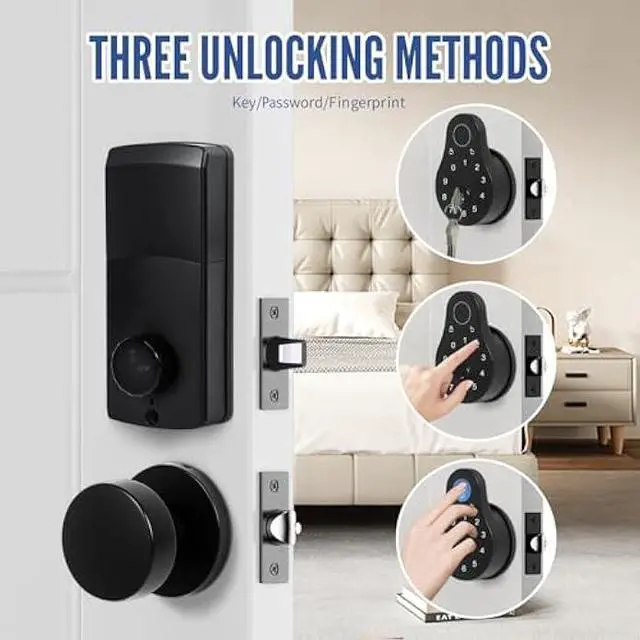 Alt view image 3 of 5 - Electronic Deadbolt Keypad with Doorknobs Lock Set for Front Door, Exterior Door Lock Set with Touchscreen Deadbolt, Electronic Door Lock with Handle, Matte Black