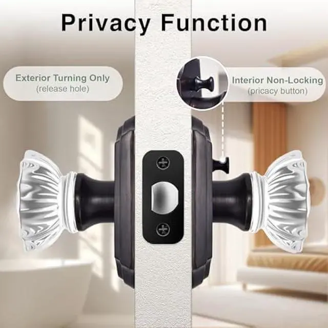 Alt view image 4 of 6 - Crystal Door Knobs, Oil Rubbed Bronze Glass Door Knobs Interior Rose Shape with Lock Privacy Function, Vintage Antique for Bedroom Bathroom