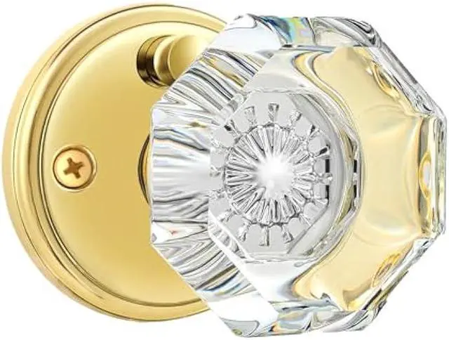 Alt view image 4 of 5 - Privacy Crystal Glass Door Knobs Interior with Lock, Modern Octagon Door Knobs for Bedroom/Bathroom, Gold/Polished Brass