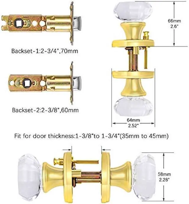 Alt view image 3 of 5 - Privacy Crystal Glass Door Knobs Interior with Lock, Modern Octagon Door Knobs for Bedroom/Bathroom, Gold/Polished Brass