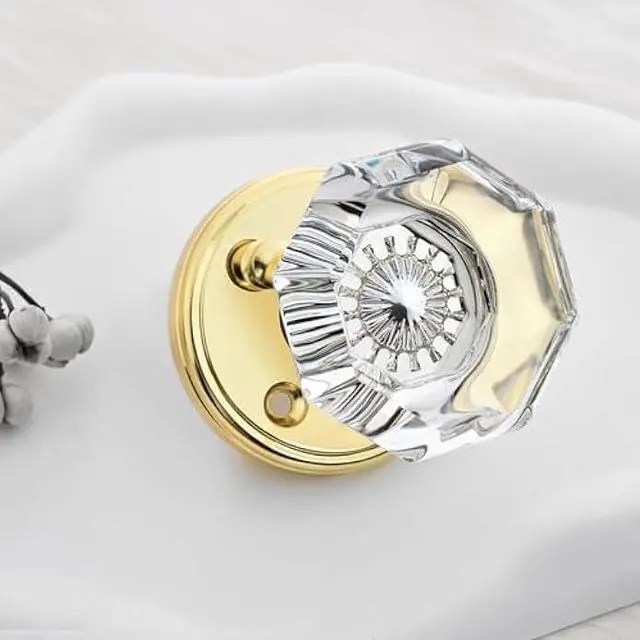 Alt view image 2 of 5 - Privacy Crystal Glass Door Knobs Interior with Lock, Modern Octagon Door Knobs for Bedroom/Bathroom, Gold/Polished Brass