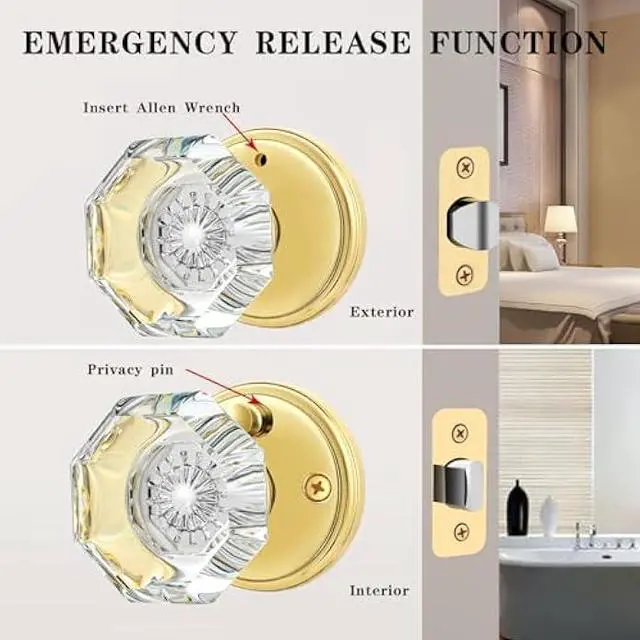 Alt view image 5 of 5 - Privacy Crystal Glass Door Knobs Interior with Lock, Modern Octagon Door Knobs for Bedroom/Bathroom, Gold/Polished Brass
