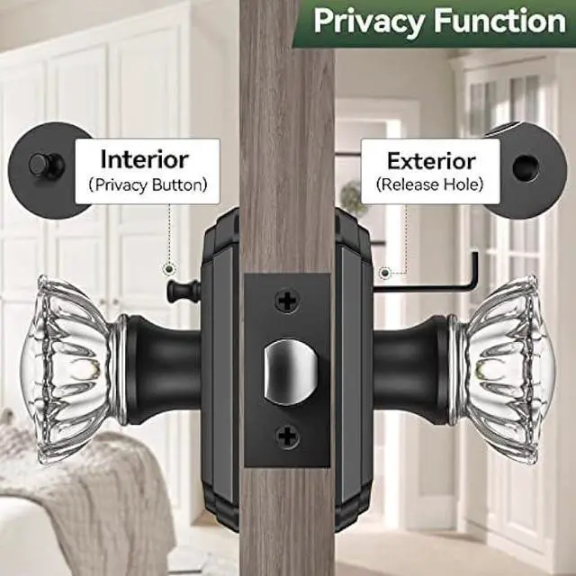 Alt view image 3 of 5 - Crystal Door Knobs Interior, Black Glass Door Knobs with Lock for Privacy Use, Vintage Glass Crystal Doorknob for Interior Bedroom Bathroom Doors, Matte Black