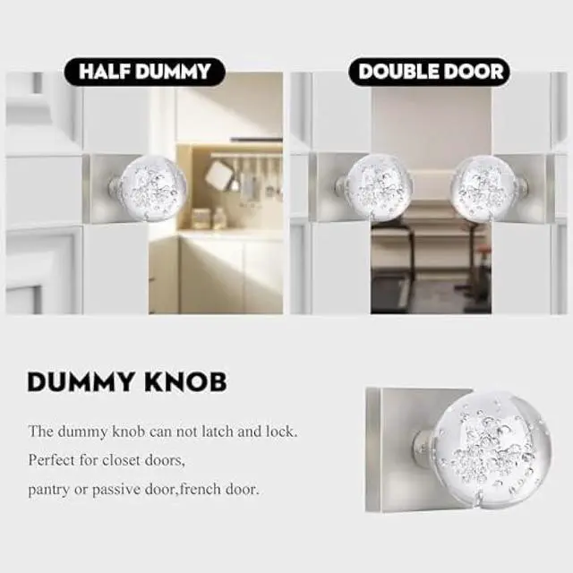 Alt view image 2 of 6 - 2 Pack Crystal Glass Dummy Door Knobs Interior, Hall Closet Door Knobs Brushed Nickel, Clear Bubble Ball Round Non-Turning Bi-fold Door Knob Set