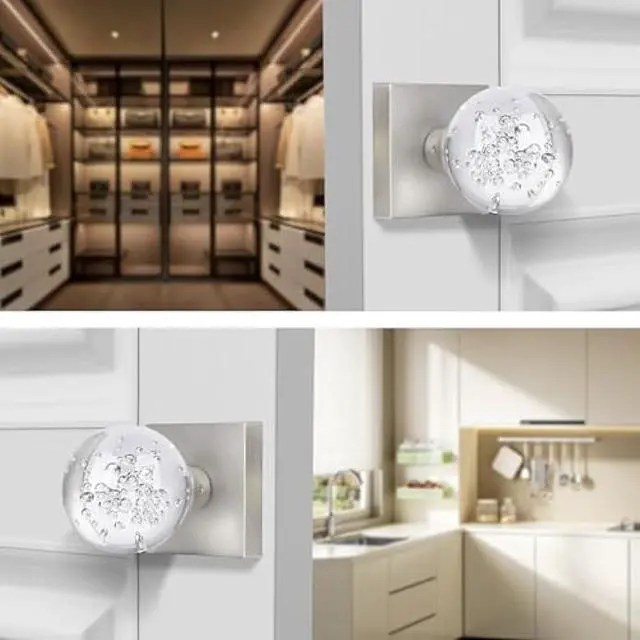 Alt view image 5 of 6 - 2 Pack Crystal Glass Dummy Door Knobs Interior, Hall Closet Door Knobs Brushed Nickel, Clear Bubble Ball Round Non-Turning Bi-fold Door Knob Set