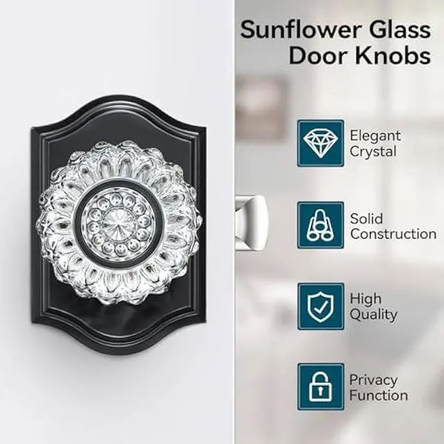 Alt view image 2 of 5 - Glass Door Knobs, Crystal Door Knobs with Lock for Privacy Use, Black Glass Crystal Door Knobs Interior for Bedroom Bathroom, Vintage Crystal Glass Door Knob