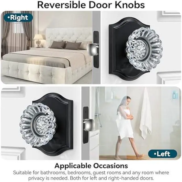 Alt view image 5 of 5 - Glass Door Knobs, Crystal Door Knobs with Lock for Privacy Use, Black Glass Crystal Door Knobs Interior for Bedroom Bathroom, Vintage Crystal Glass Door Knob