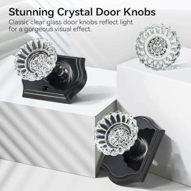 Alt view image 4 of 5 - Glass Door Knobs, Crystal Door Knobs with Lock for Privacy Use, Black Glass Crystal Door Knobs Interior for Bedroom Bathroom, Vintage Crystal Glass Door Knob