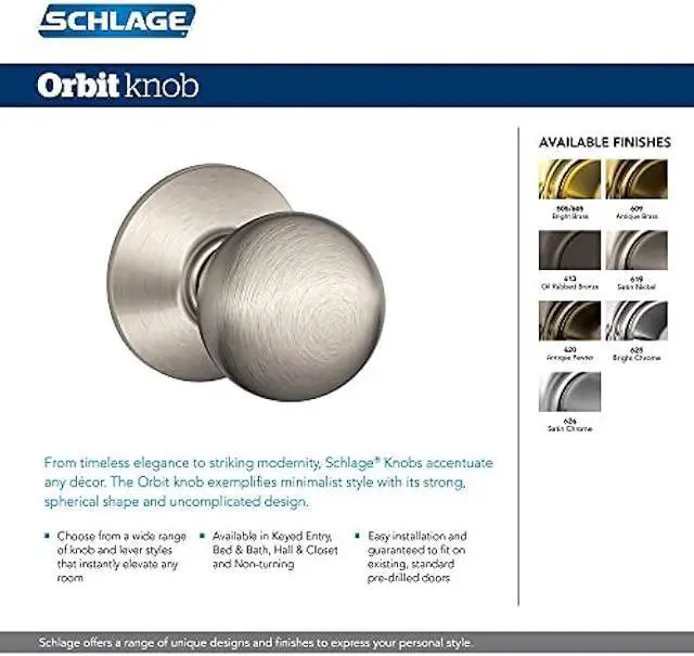 Alt view image 3 of 3 - Schlage F10 ORB 605 Orbit Door Knob, Hall & Closet Passage Lock, Bright Brass