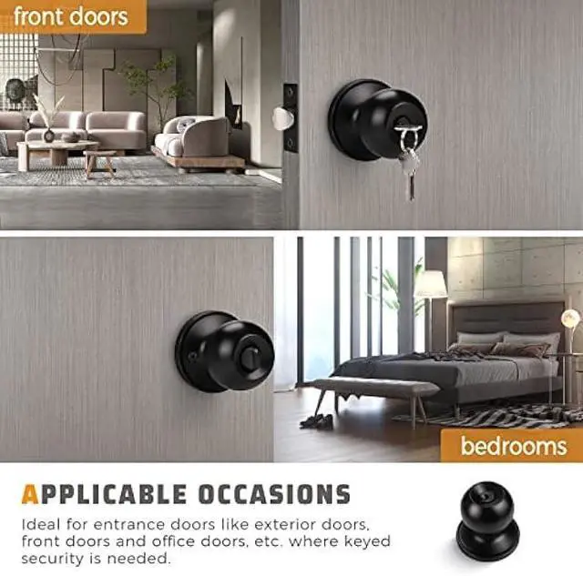 Alt view image 4 of 5 - KNOBWELL 6 Pack Door Knob with Lock and Key (Keyed Alike), Keyed Entry Door Knobs Door Knob Lock, Exterior Door Knobs Front Door Knob with Matte Black Finish