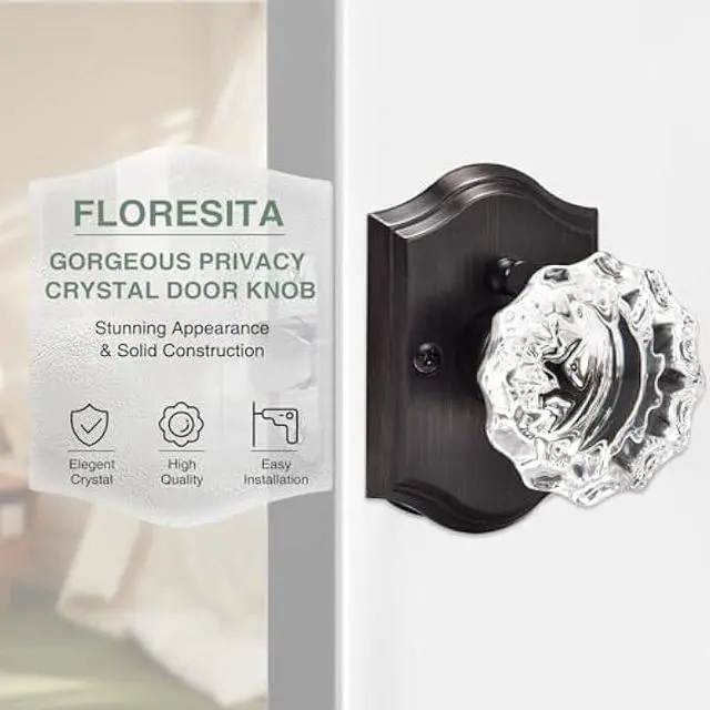 Alt view image 2 of 6 - Crystal Door Knobs, Oil Rubbed Bronze Glass Door Knobs Interior Rose Shape with Lock Privacy Function, Vintage Antique for Bedroom Bathroom