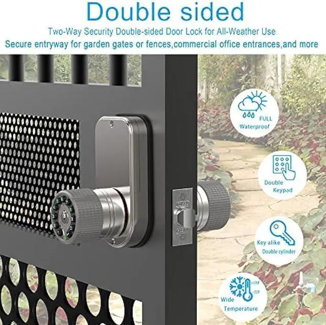 Alt view image 3 of 6 - Double Sided Keypad Door Knob with Dual Cylinders and Key Alike, iuknob Keyless Entry Smart Door Lock for Entrance, Fence, Gate, Swimming Pool,Waterproof and Weatherproof for Outdoor & Interior Door.