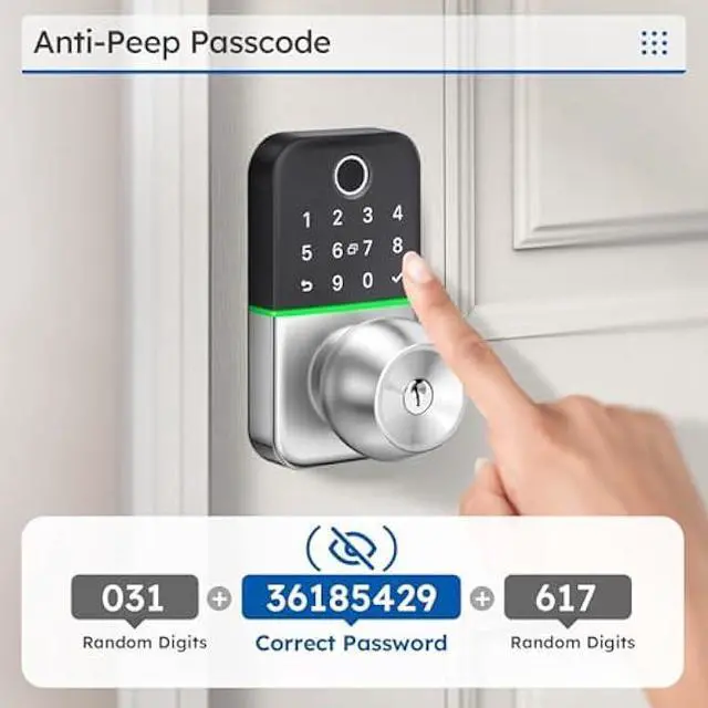 Alt view image 5 of 5 - Keypad Smart Door Lock with Knob: Kucacci Keyless Entry Fingerprint Lock for Front Door - Keypad Digital Lock with Handle - Electronic Code Door Knob - Easy Installation - Generate Passcode Remotely