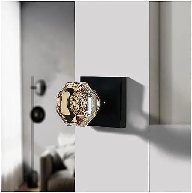 Alt view image 2 of 6 - Champagne Gold Glass Passage Door Knob  Non-Locking Interior Crystal Handle with Matte Black Square Rosette  Elegant Octagonal Style for Hallway, Closet, Kids Room