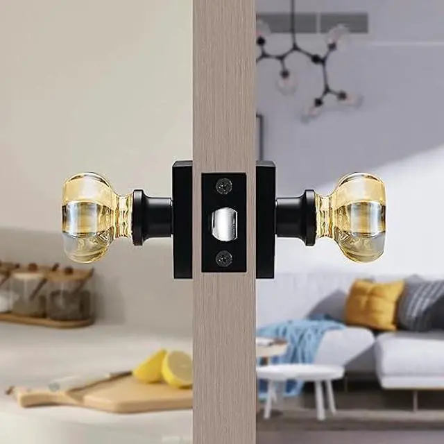 Alt view image 4 of 6 - Champagne Gold Glass Passage Door Knob  Non-Locking Interior Crystal Handle with Matte Black Square Rosette  Elegant Octagonal Style for Hallway, Closet, Kids Room