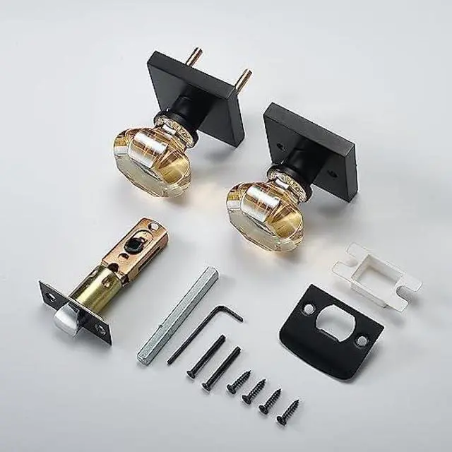 Alt view image 5 of 6 - Champagne Gold Glass Passage Door Knob  Non-Locking Interior Crystal Handle with Matte Black Square Rosette  Elegant Octagonal Style for Hallway, Closet, Kids Room