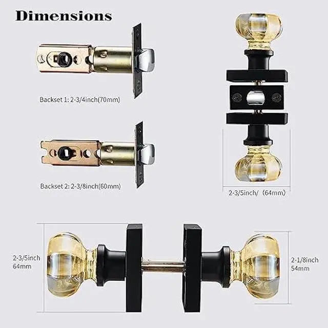 Alt view image 6 of 6 - Champagne Gold Glass Passage Door Knob  Non-Locking Interior Crystal Handle with Matte Black Square Rosette  Elegant Octagonal Style for Hallway, Closet, Kids Room