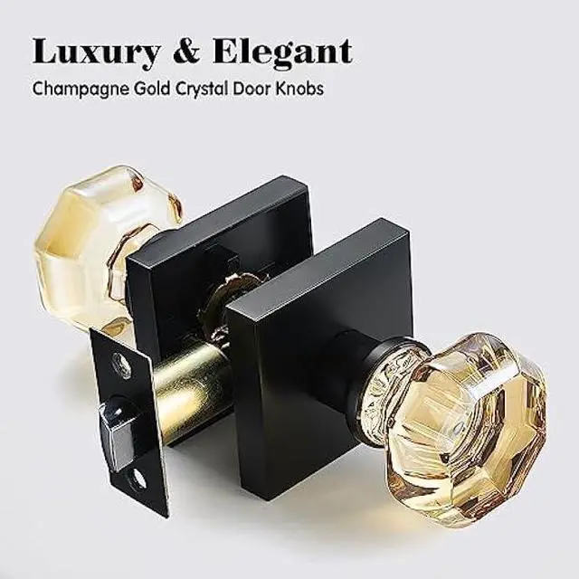 Alt view image 3 of 6 - Champagne Gold Glass Passage Door Knob  Non-Locking Interior Crystal Handle with Matte Black Square Rosette  Elegant Octagonal Style for Hallway, Closet, Kids Room