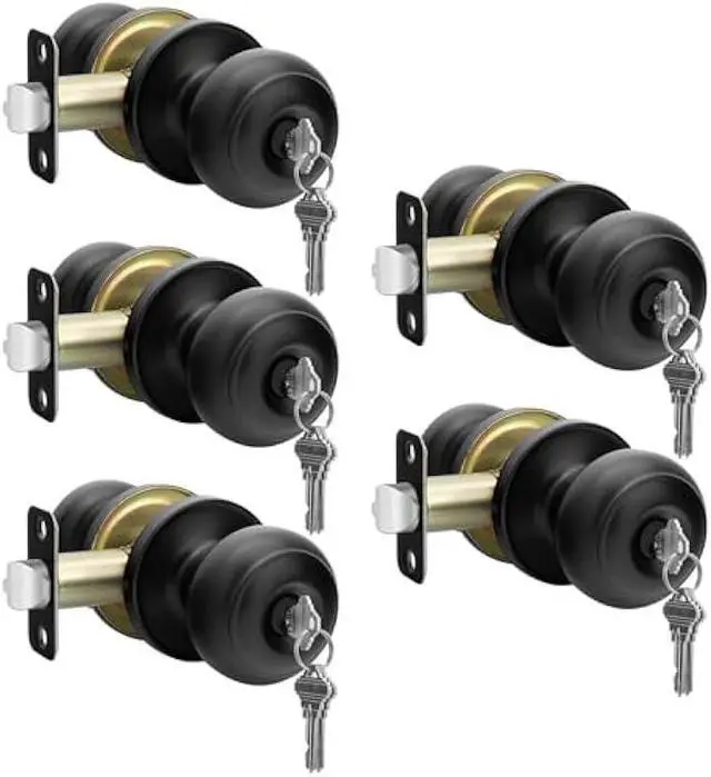 Main image of Haidms Black Door Knobs with Lock and Key, Keyed-Alike, 5 Pack, Matte Black, Zinc Alloy & Stainless Steel, Adjustable, 2-3/8 to 2-3/4 Inches, Outdoor, Industrial Style
