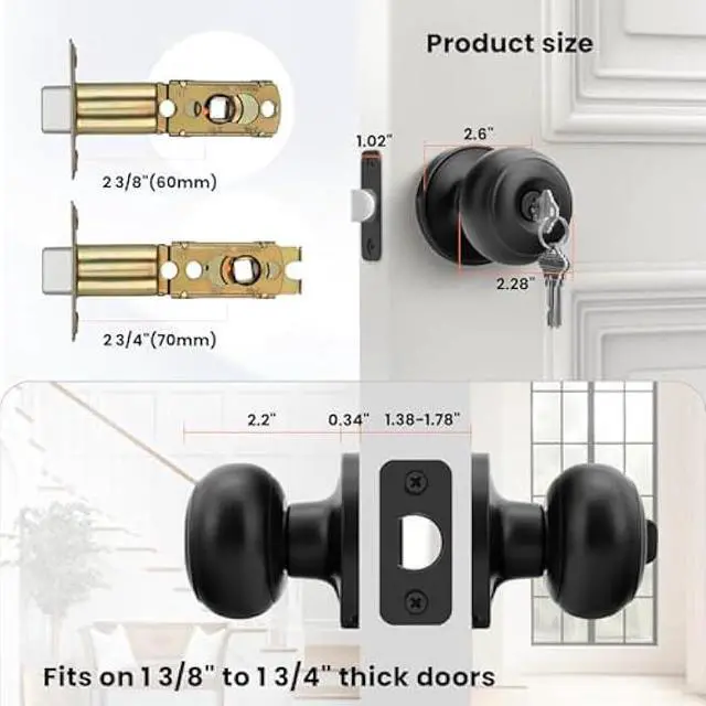 Alt view image 2 of 6 - Haidms Black Door Knobs with Lock and Key, Keyed-Alike, 5 Pack, Matte Black, Zinc Alloy & Stainless Steel, Adjustable, 2-3/8 to 2-3/4 Inches, Outdoor, Industrial Style