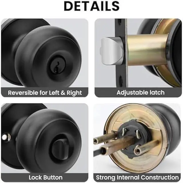 Alt view image 4 of 6 - Haidms Black Door Knobs with Lock and Key, Keyed-Alike, 5 Pack, Matte Black, Zinc Alloy & Stainless Steel, Adjustable, 2-3/8 to 2-3/4 Inches, Outdoor, Industrial Style