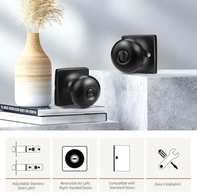 Alt view image 5 of 5 - GOBEKOR 5 Pack Matte Black Privacy Door Knobs Stainless Steel Keyless Interior Door Knob with Lock Bedroom Bathroom Round Door Knob