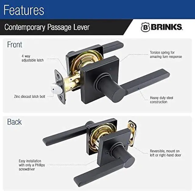 Alt view image 5 of 5 - BRINKS  6-Pack Matte Black Contemporary Indoor Passage Straight Door Lever  Hall/Closet 6 Pack Matte Black Exterior Straight Door Handle