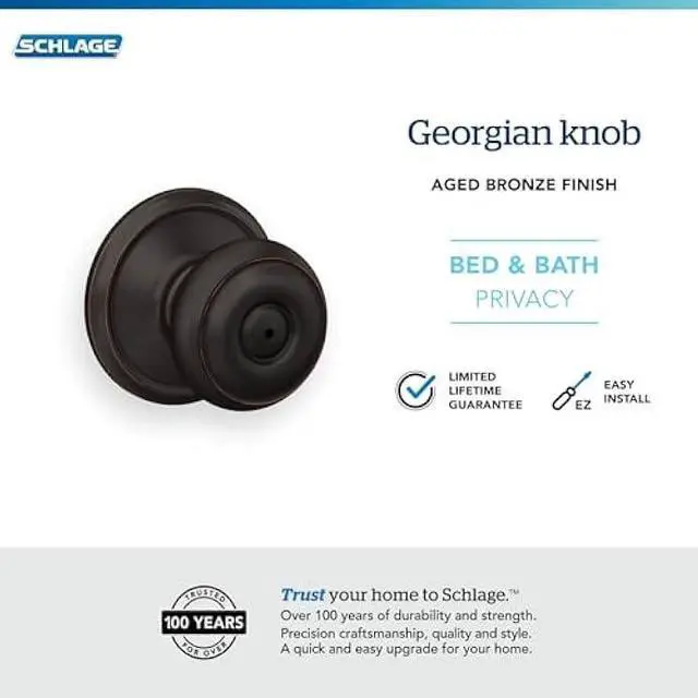Alt view image 5 of 5 - Schlage F40 GEO 716 Georgian Door Knob, Bed & Bath Privacy Lock, Aged Bronze