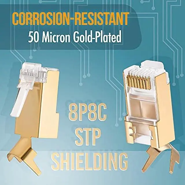 Alt view image 4 of 5 - Everest Media Solutions RJ45 Cat7 & Cat6A Pass Through Connectors - 30 Pcs, 50UM Gold Plated Shielded FTP/STP External Ground for 23 AWG Network Cable